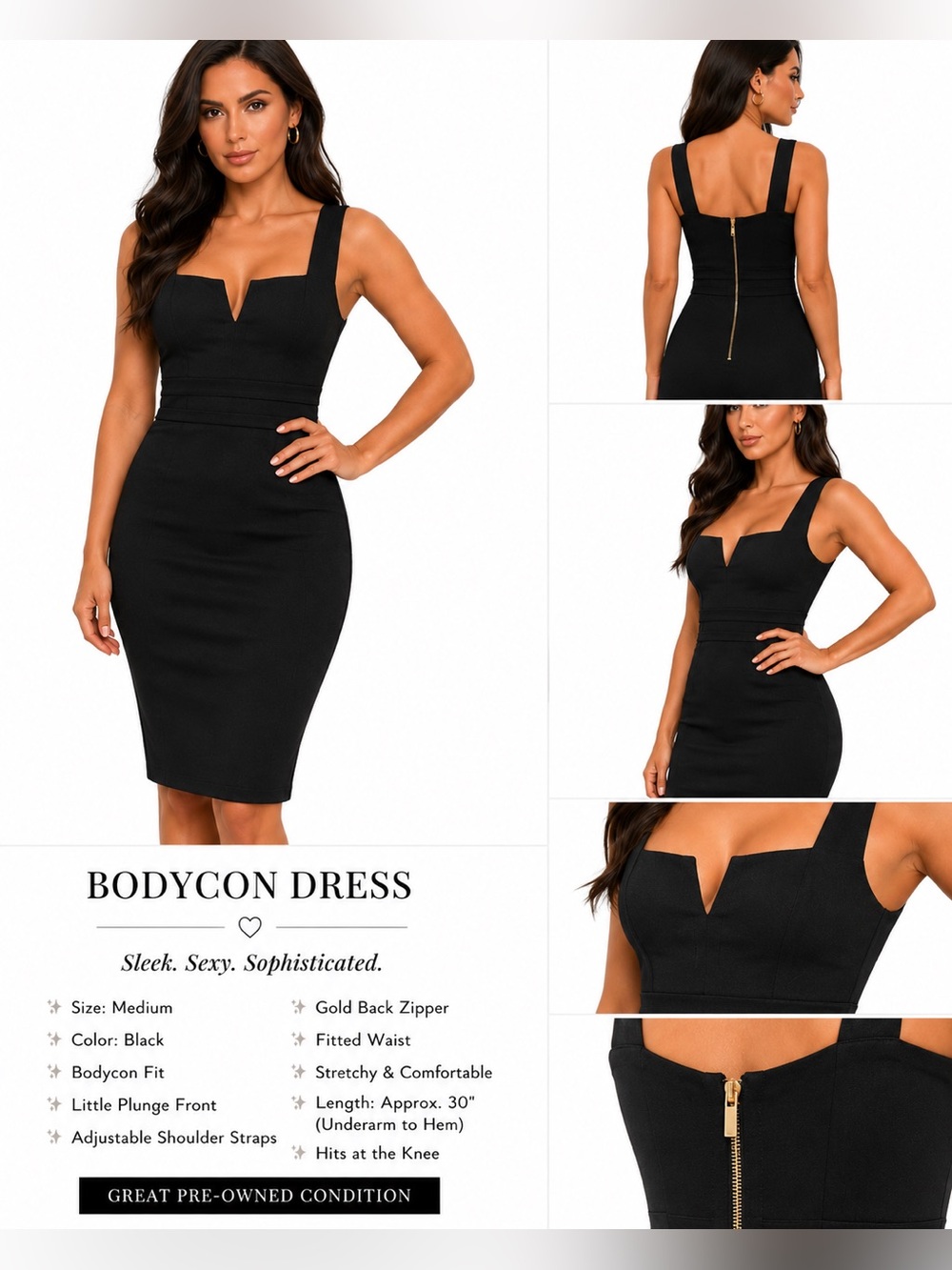 Black Bodycon Dress with Plunge Neckline - Elegant Women's Dress size M